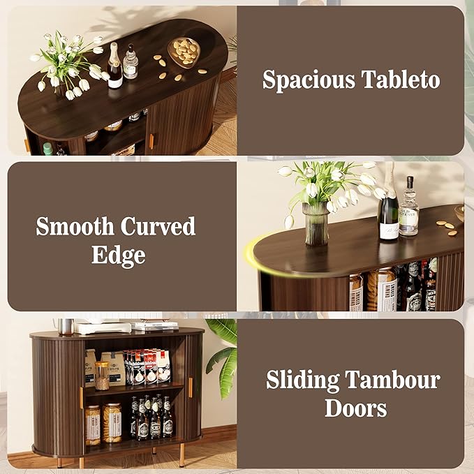 DHH Sideboard Buffet Cabinet with Storage,Mid Century Modern Fluted Accent Coffee Bar Console Table,Tambour Sliding Doors& Adjustable Shelf for Kitchen, Living Room, Entryway(Dark Walnut, 40 Inch)