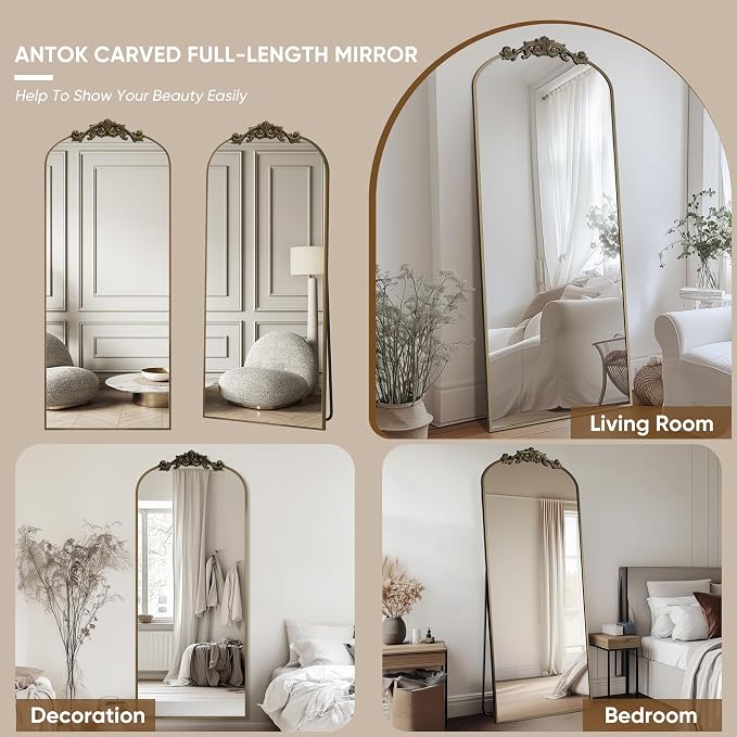 Antok Arched Full Length Mirror, 65"x22" Floor Mirror with Carved, Full Body Mirrors for HomeDecor, Standing/Halling Large Wall Mirror for Bedroom, Living Room, Cloakroom, Bronze, Retro Style