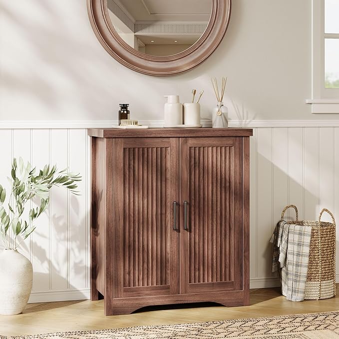 Fluted Buffet Cabinet with Storage Accent Sideboard,Modern Credenza with 2 Doors & Adjustable Shelves,Wood Coffee Bar Table Console for Dining Room Kitchen Living Room Entryway, Walnut