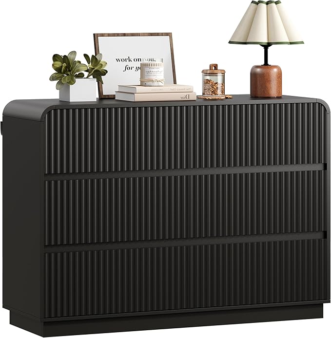 Black Dresser Fluted 6 Drawers Dresser for Bedroom, 47" Wide Wood Chest of Drawers with Hidden Handles & Rounded Corners, Modern TV Stand Storage Cabinet for Living Room, Hallway, Entryway