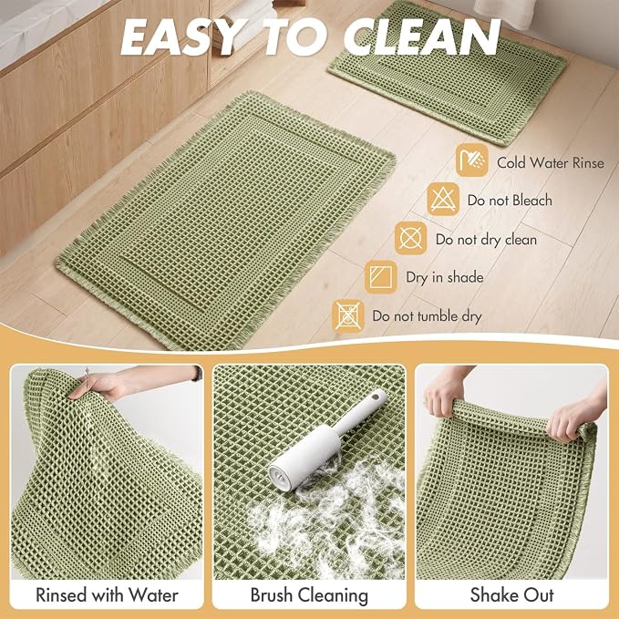 MIULEE Set of 2 Waffle Bathroom Rugs, Boho Bath Rug Super Absorbent, Non Slip Washable Ultra Soft Rubber Backed Shower Bath Mats for Floor, Tub, Shower, Looped Design, Sage Green, 17"x24"+18"x30"