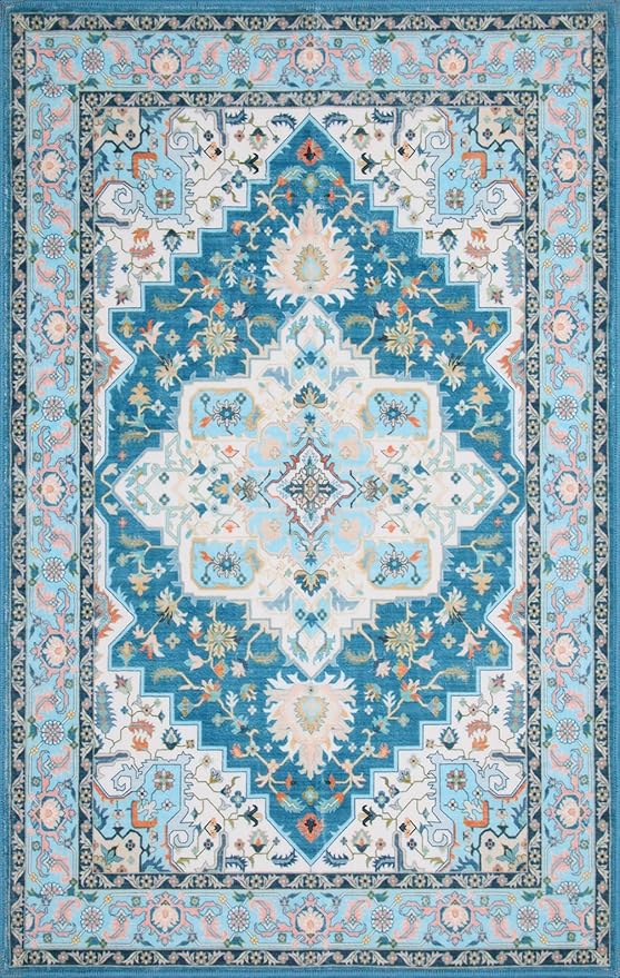 WILLSUN Washable Area Rugs, 2x3 Non-Slip Boho Small Area Rugs for Entryway, Kitchen, Bathroom, Machine Washable Vintage Rug, Indoor Floral Print Carpet for Home Decor, Kid & Pet Friendly Mat