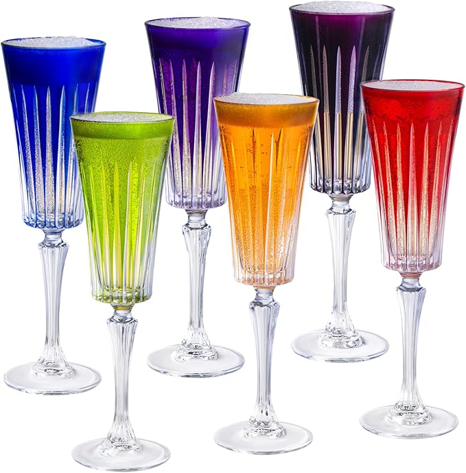 Barski Colored Champagne Flute Glasses - Assorted Colors - Toasting Champagne Flute Glass - Wedding or Anniversary Flutes - Set of 6 - Gift Ready Colored Glasses - 7 oz Made in Europe