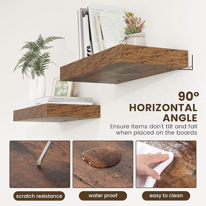 12 Inch Deep Floating Shelves | 24 Inch Brown Floating Shelves | 24" W x 12" D Rustic Wood Shelves for Wall | Deep Shelves for Living Room Bathroom Laundry Room Kitchen