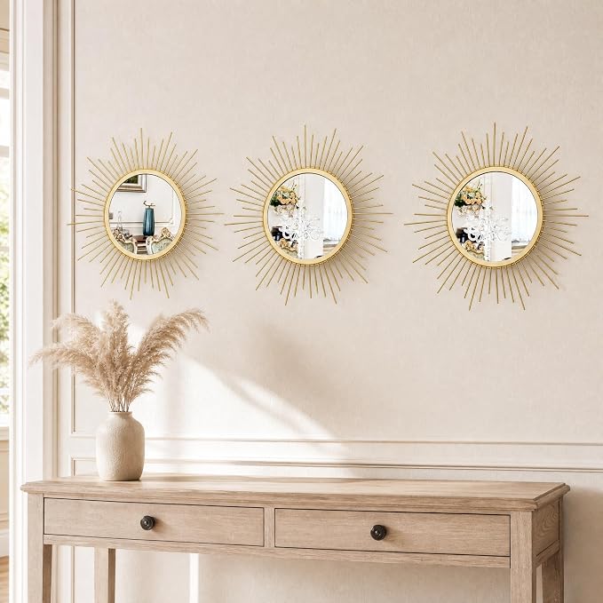 Gold Sunburst Mirror Set of 3, 3PCS Metal Round Decorative Wall Mirrors, Starburst Accent Mirror Wall Decor for Living Room, Bedroom, Entryway, Hallway & Bathroom