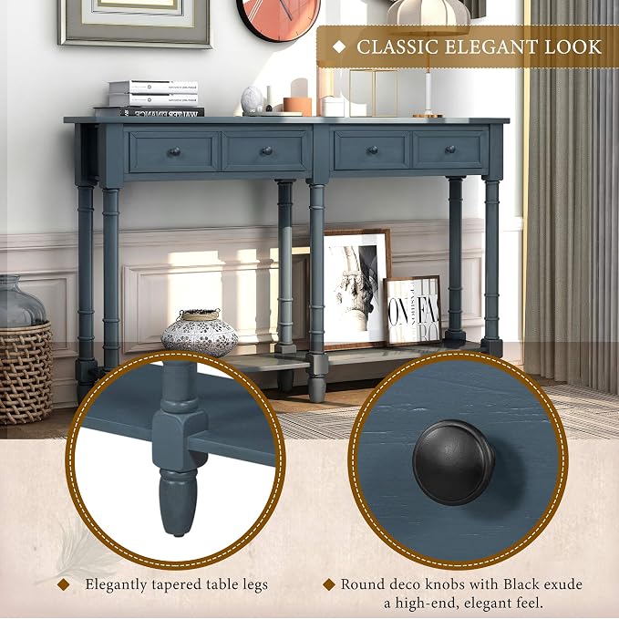 Merax Retro Console Table Sofa Table for Entryway with Drawers and Shelf Living Room Table (Antique Navy)