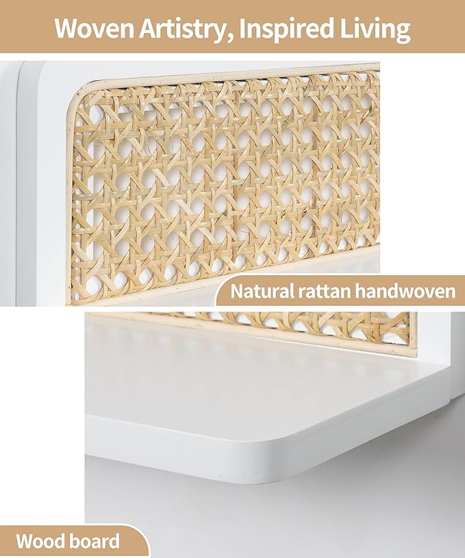 Rattan Wall Shelf 24inch Set of 2, Handmade White Floating Shelves Boho Wall Decor, Rustic Wood Wall Mounted Storage Shelves for Living Room Nursery Bedroom