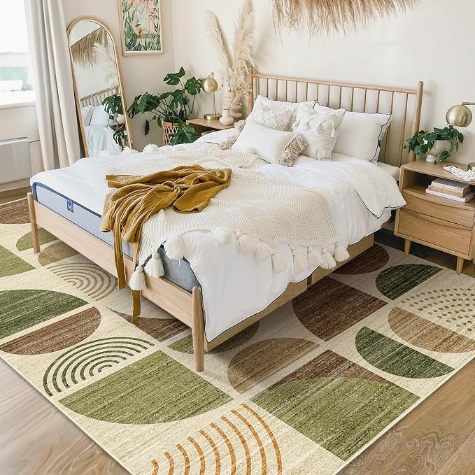 MUJOO 5x7 Area Rugs Washable,Boho Rugs for Living Room Bedroom Play Room,Large Throw Floor Carpet Non Slip Soft Modern Abstract Vintage Green and Brown