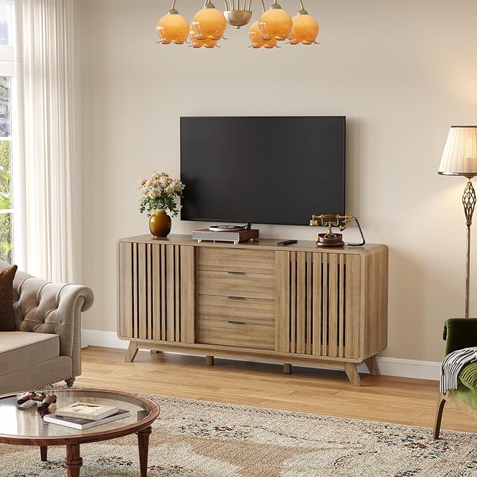 ONBRILL Sideboard Buffet Cabinet with Storage, Fluted Buffet Cabinet with Sliding Doors & 4 Drawers, Mid Century Modern Coffee Bar Wine Bar Credenza for Living Room, Kitchen (Natural Oak)