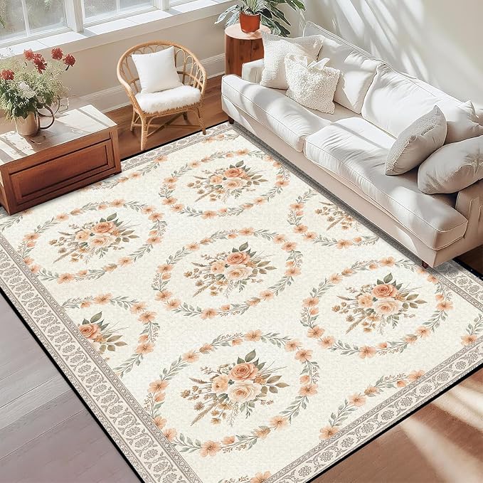 2'x3' Boho Floral Area Rug Vintage Peach Rose Carpet Non-Slip Washable Floor Mat Neutral Aesthetic Botanical Rug for Entryway Bedroom Living Room Nursery Kitchen Playroom Home Decor