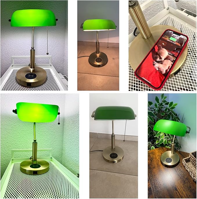 FIRVRE Green Glass Bankers Desk Lamp USB Wireless Charging Port LED Table Lamp Classic Retro Pull Chain Switch Reading Lamp for Home Office Workplace Library Piano