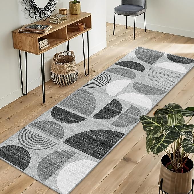 MUJOO Runner Rug Washable,2x6 Area Rugs for Hallways Kitchen Bathroom Bedroom Entryway,Non Slip Carpet Long Mat Indoor,Boho Soft Modern Abstract Black and Grey
