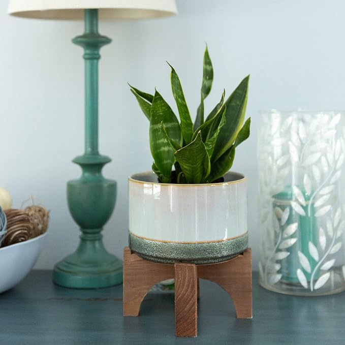 Flora Bunda Mid Century 7 inch Lava Ceramic on Wood Stand, Grey