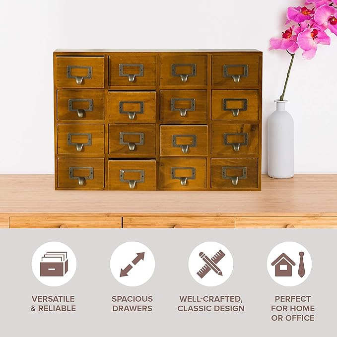 Card Catalog Desk Drawer Organizer - Wooden Storage Box with 16 Drawers - Home Office Desk Organizer Curio Cabinet - Rustic Drawers Dressers for Countertop- Apothecary Cabinet Tea Coffee Pod Storage