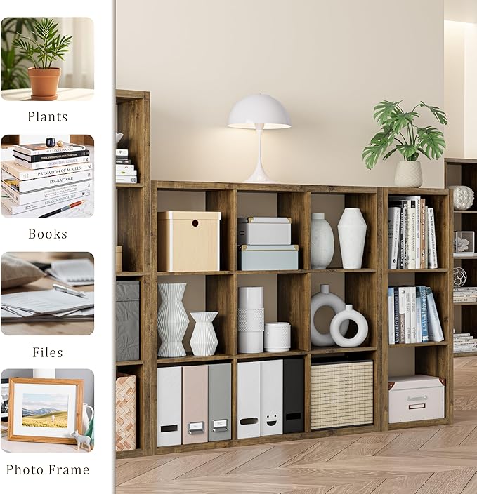 VDNEND Cube Storage Organizer Bookcase, Decorative 11 inch Open Back Cubical Shelf with Thickened Border, Display Bookshelf for Living Room, Home Office, Sturdy Room (Brown, 9 Cube)