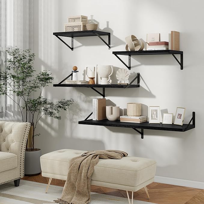 Floating Shelves, 12 Inch Deep Rustic Wood Wall Storage, 36W x 12D Wall Shelves Set of 2, Heavy Duty Metal Brackets, Large Industrial Book Shelf for Living Room, Kitchen, Bedroom, Black