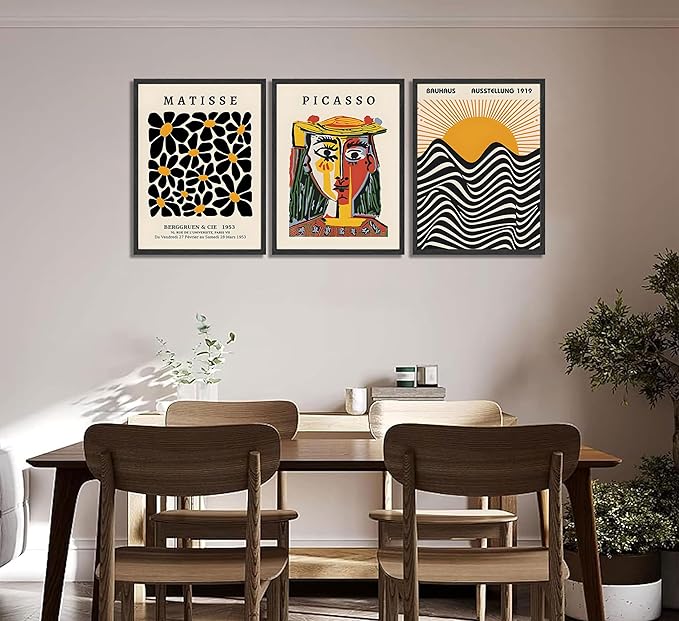 3 Pcs Gallery Wall Art Picasso Matisse Bauhaus Set Canvas Prints Abstract Paintings Posters Orange Black Modern Minimalist Wall Decor Pictures Suitable for Bedroom Living Room Decor (Unframed,