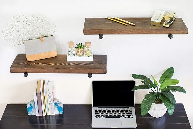 Floating Wall Shelf with Industrial Pipe Brackets, Solid Wood, Rustic Farmhouse Shelf, 24" x 7.5" x 1.5" (2, Dark Walnut)
