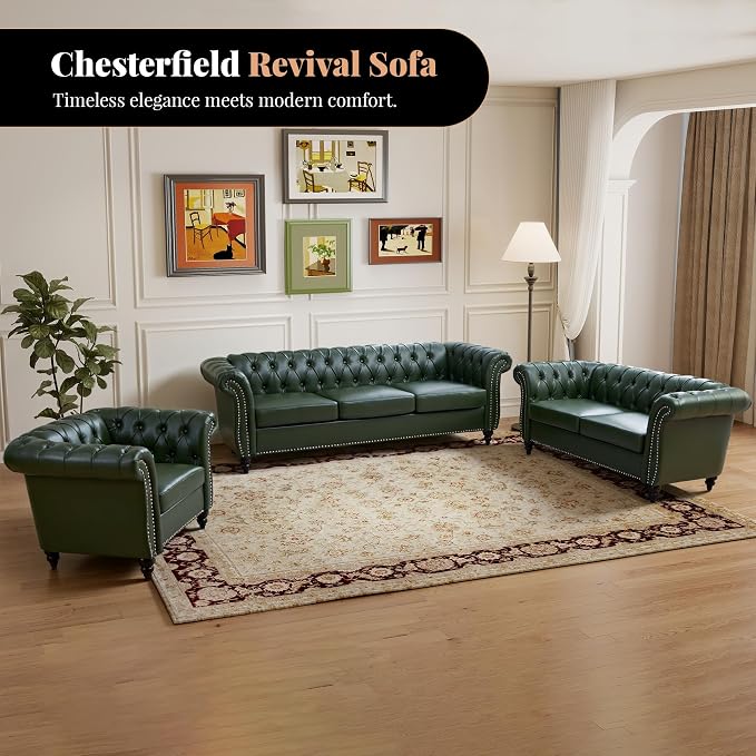 LEVNARY Chesterfield Sofa, 3 Seater Tufted Couch for Living Room, Classic Button Tufted Upholstered Sofa, Modern Mid-Century PU Leather Sofa (Green)