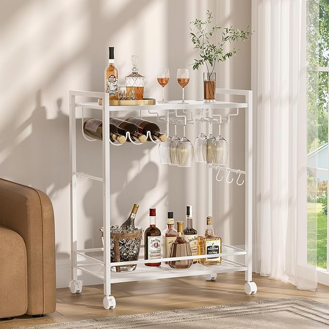Bar Cart, Home Bar Serving Cart with 2-Tier Shelf,Rolling Beverage Cart with Wheels,Mobile Kitchen Shelf,Modern Wine Drink Cart with Wine Rack and Glass Holder for Kitchen,Dinning Room,White