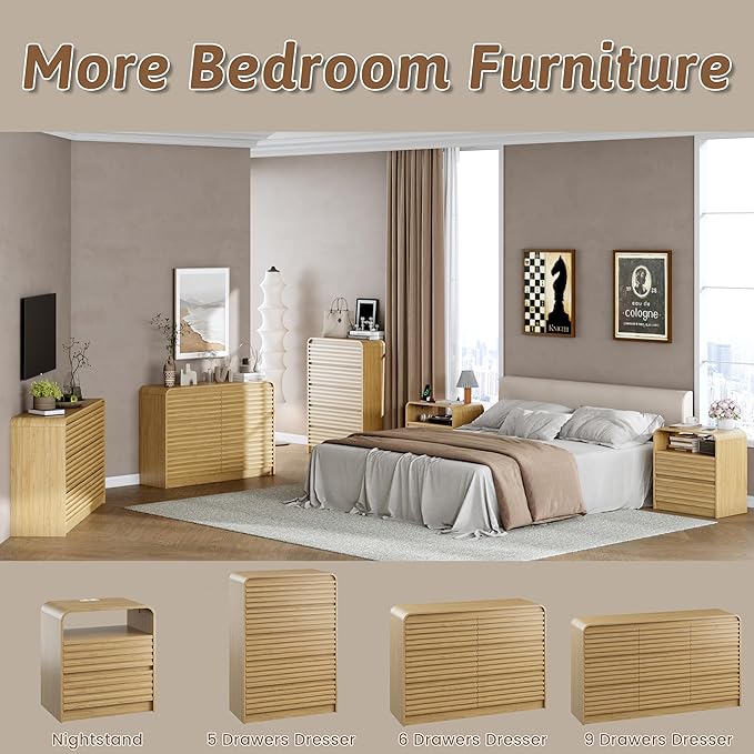 Fluted 5 Drawer Dresser for Bedroom, 45" Tall Wood Chests of Drawers with Curved Profile, Mid Century Modern Dresser with Large Storage & Hidden Handles for Living Room, Hallway, Natural Oak