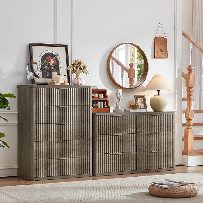LEYAOYAO Fluted 5 Drawers Dresser Set of 2, 41" Tall Modern Chest of Drawers with Metal Handle, Curved Profile Dresser TV Stand, Wooden Drawer Organizer for Bedroom, Living Room, Hallway,Grey