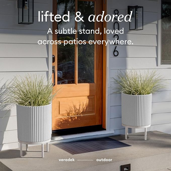 Veradek Demi Series Round Planter w/ Stand for Porch/Patio | Durable Plastic-Stone composite & Wooden Stand | Modern Décor for Tall Plants, Flowers