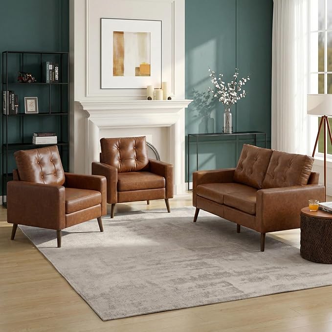 Wahson Accent Chairs Set of 2, Faux Leather Tufted Single Sofa, Brown Oversized Club Chair, Mid Century Modern Armchair with Wood Legs for Reading/Living Room/Bedroom