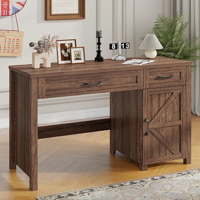 Vabches Farmhouse 47" Executive Desk, Computer Desk with Storage Cabinet and Drawers, Workstation Computer Desk for Home Office and Study.(Red-Brown)
