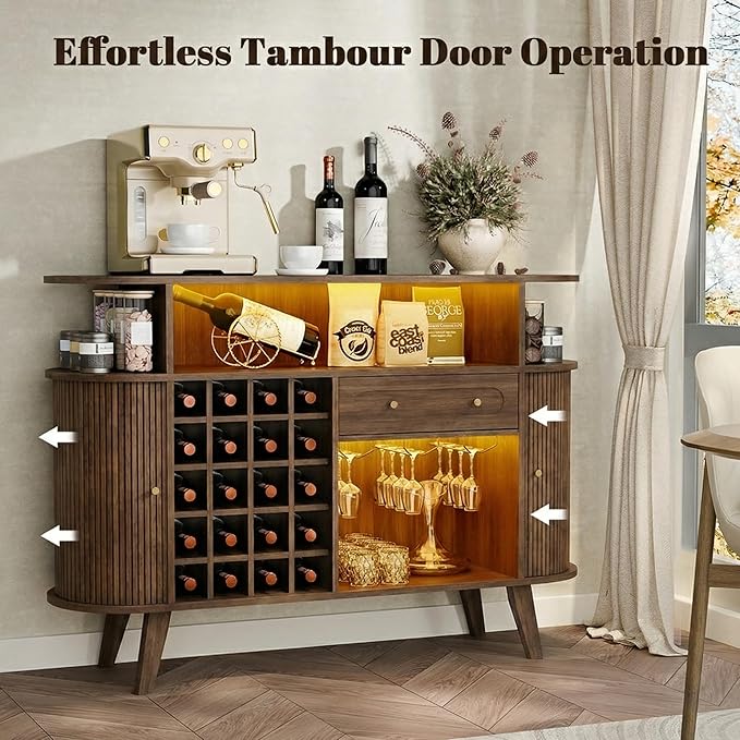 Loomie Wine Bar Cabinet with LED Light, Mid Century Modern Liquor Cabinet– 20-Bottle Rack, Glass Holder & Drawer, Buffet Sideboard, Coffee Bar Cabinet (Walnut)