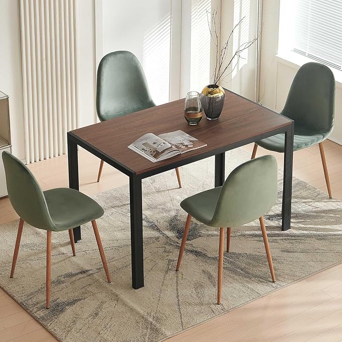 Velvet Dining Chairs Set of 4, Upholstered Dining Room Chairs with Oak Look Foiled Steel Legs, Comfortable Armless Kitchen Chairs for Living Room, Green