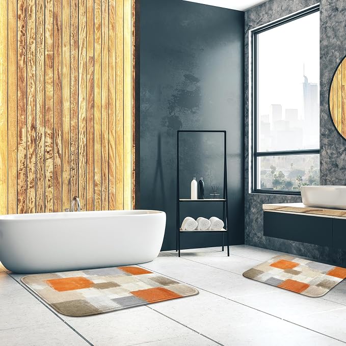 Britimes Bath Mat for Bathroom No Slip Orange Gray Abstract Graffiti Geometric Cover Floor Rug Carpets Floor Mat Bathroom Decorations 18x30 inches for Kitchen Bedroom