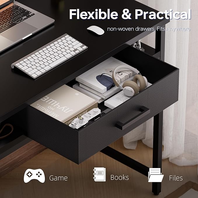 Pamray 32 Inch Small Computer Desk with Drawer and Shelves Simple Study Work Table for Bedroom Marble