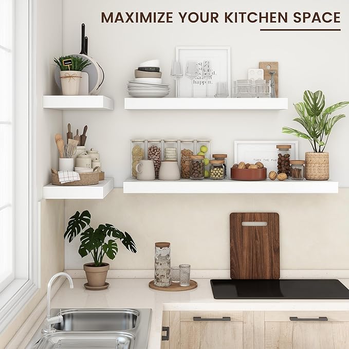 Floating Shelves for Wall, 36" W x 12" D x 2" H, 2 Pack of Long Wall Mounted Engineered Wood Shelves with Invisible Brackets for Living Room, Bedroom, Bathroom, Kitchen Decor, White