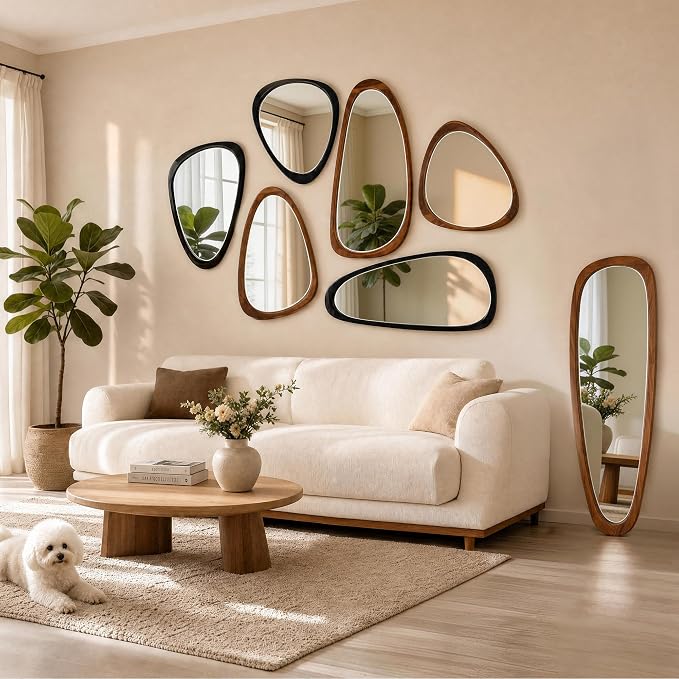 48" x 22" Asymmetrical Wall Mirror with Black Wood Frame, Irregular Decorative Mirror for Living Room Entryway Bedroom, Large Wall Mirror, HD Tempered Glass, Horizontal or Vertical Hanging