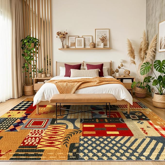 8x10 Abstract Tribal Patchwork Large Area Rug, Colorful Boho Tribal Geometric Rugs for Living Room, Non Slip Low Pile Washable Indoor Carpet Rug for Bedroom, Entryway, Dining Room, Home Office Decor