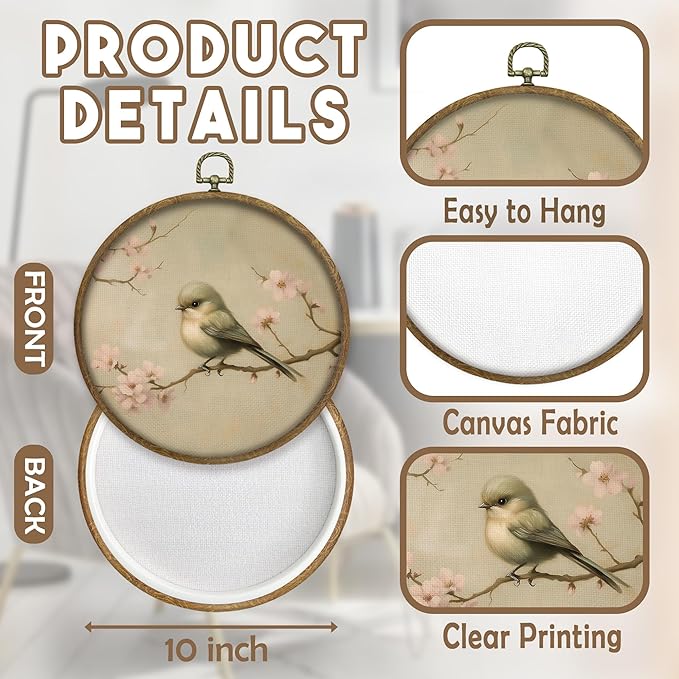 CGBHW Vintage Bird Round Wall Art Decor, Retro Rustic Bird Canvas Prints Framed, Farmhouse Cottagecore Floral Wall Art Hanging Decor for Home Gallery Bedroom Living Room Decorations, 10x10 Inch
