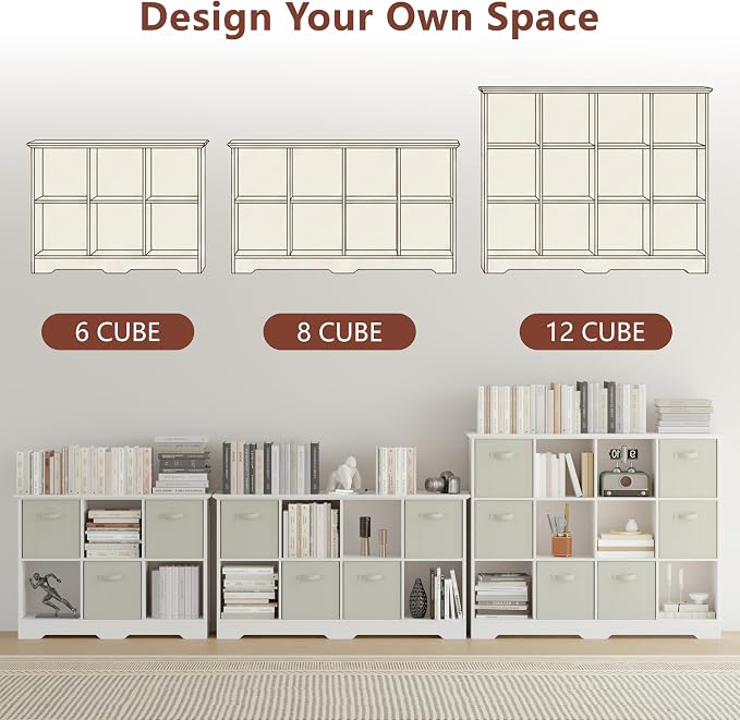 VORONOI 6 Cube Storage Organizer with 3 Fabric Drawers and Removable Shelves — Modular Cube Bookshelf for Bedroom, Living Room, or Home Office, Short Cube Bookcase for Toys, Decor,White