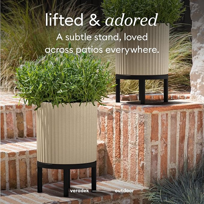 Veradek Demi Series Round Planter w/ Stand for Porch/Patio | Durable Plastic-Concrete & Wooden Stand | Modern Décor for Tall Plants, Flowers