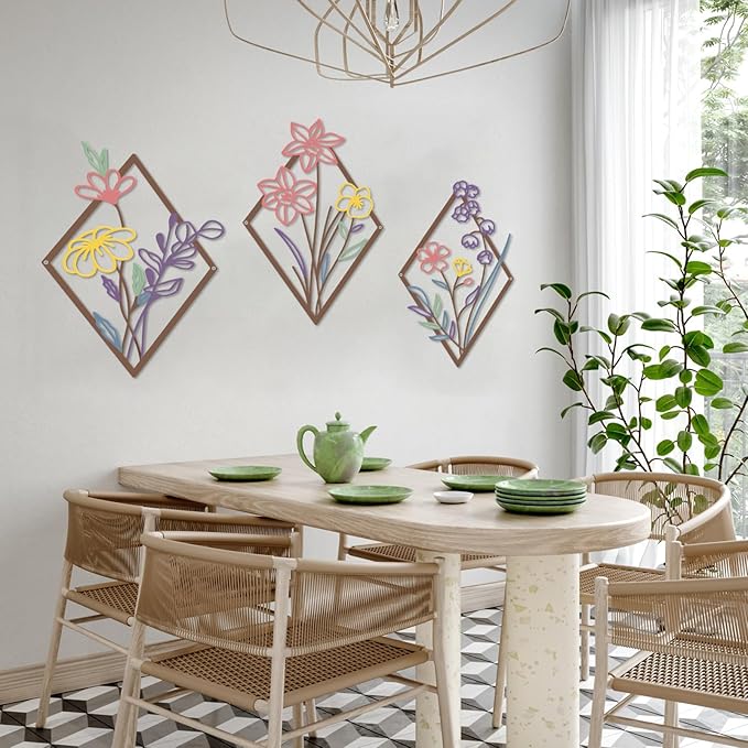 cape leadwort 3 Pcs Metal Flower Wall Decor, Minimalist Floral Wall Hanging Art, Abstract Line Floral Wall Art Sculpture for Bedroom Bathroom Living Room Kitchen Dining Room Office Hotel (Colorful)