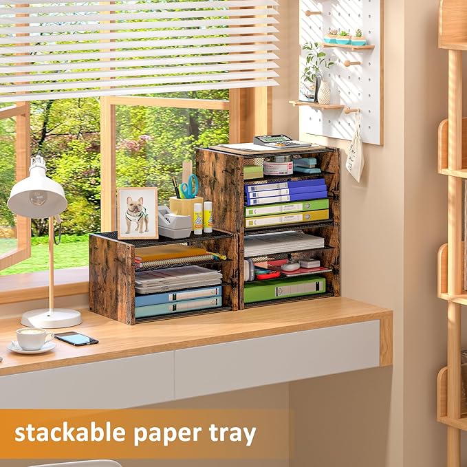 DAOUTIME 3-Tier Paper Letter Tray, Wooden Desk File Organizer, Stackable Metal Mesh Desk Organizer for Office Supplies. Small Paper Trays for Home Office School, Rustic Brown