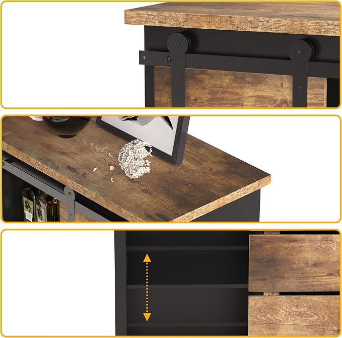 NSdirect Sideboard Coffee Bar Cabinet,Modern Farmhouse Buffet Station Sliding Barn Door Storage Credenza Console with Slat and Shelf Entryway Storage Cabinet Kitchen Dining Living Room, Black