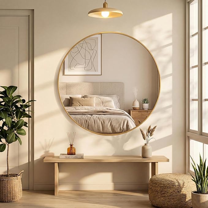 28 Inch Gold Round Bathroom Wall Mirror, Round Mirrors for Wall Decor, Circle Mirror for with HD Shatter-Proof Glass for Entryway, Living Room, Bedroom, Dressing Room, Home Decor