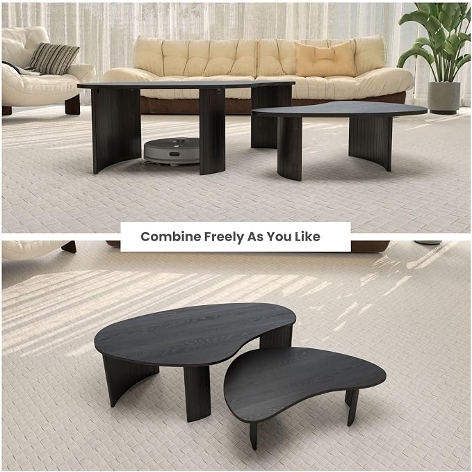 Black Nesting Coffee Table Set of 2 – Cloud/Mango Shaped Wood Grain Veneer Top with Fluted Solid Wood Legs, Space-Saving End Tables for Living Room