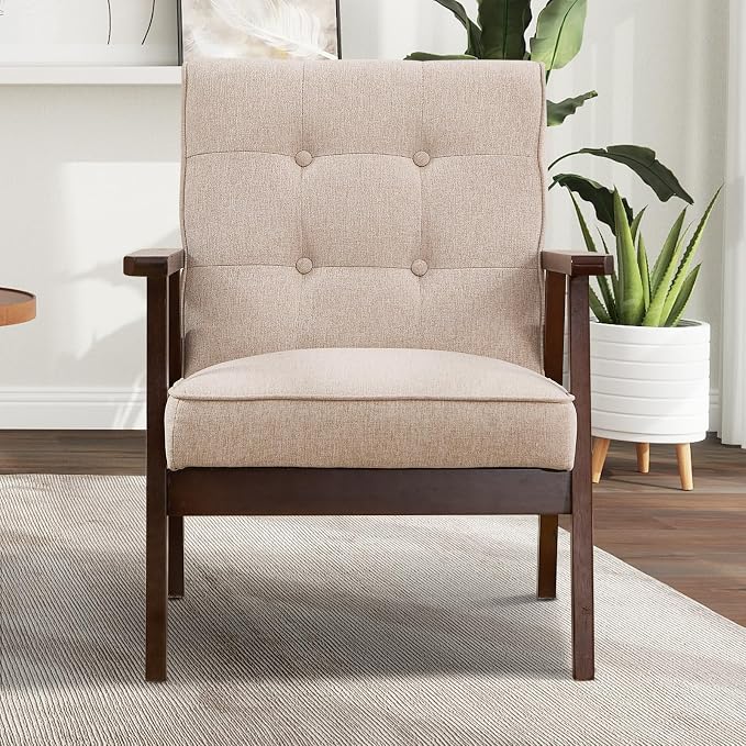 IOMOR Accent Chair Mid Century Modern Chair for Living Room, Comfy Fabric Armchair with Solid Wood Frame Soft Thick Padded, Side Chairs Easy Assembly (1, Fabric Beige)