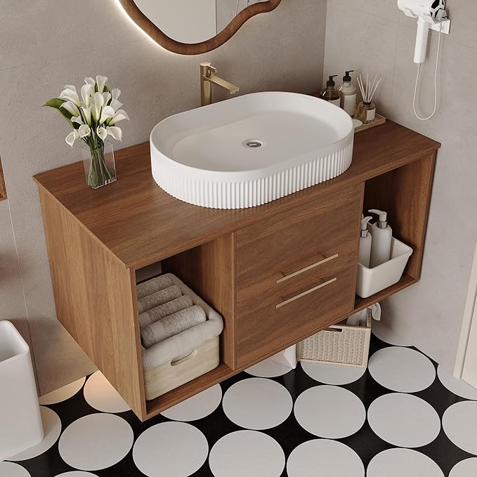 Glintee 40" Modern Floating Bathroom Vanity with Ceramic Basin– Wall-Mounted Solid Wood Cabinet with 2 Drawers & Dual Open Shelves, Easy Assembly (Walnut)