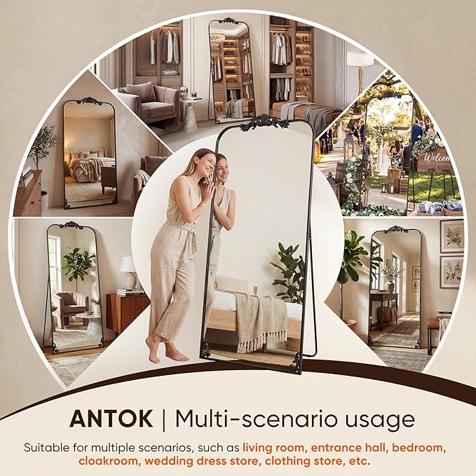 Antok Arched Full Length Mirror, 32"x71" Floor Mirror with Carved, Full Body Mirrors for HomeDecor, Standing/Halling Large Wall Mirror for Bedroom, Living Room, Cloakroom, Black, Luxury Style