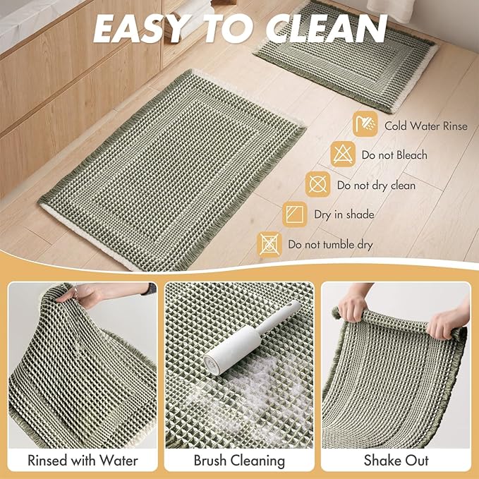 MIULEE Set of 2 Waffle Bathroom Rugs, Boho Bath Rug Super Absorbent, Non Slip Washable Ultra Soft Rubber Backed Shower Bath Mats for Floor, Tub, Shower, Looped Design, Green & Cream, 24x36 Inch