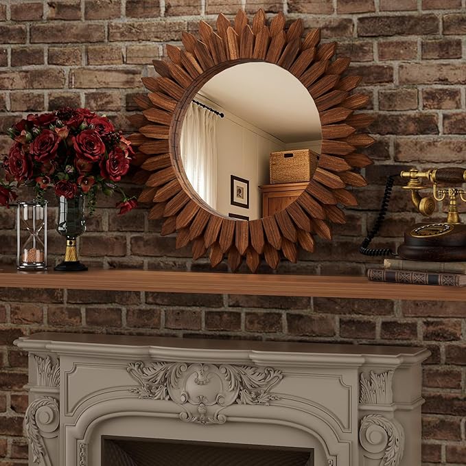 Boho Wood Sunburst Round Wall Mirror, 24 Inch Rustic Circle Wooden Frame Decorative Mirror for Farmhouse Coastal Home, Home Wall Decor for Living Room Entryway Bedroom, Walnut