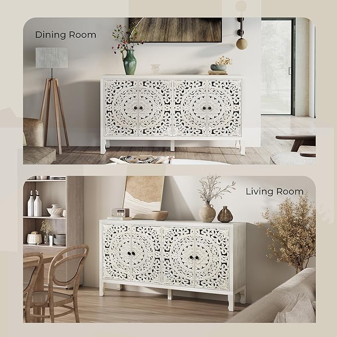 Buffet Cabinet with Storage, Accent Cabinet with 4 Carved Doors, Solid Wood Sideboard with Adjustable Shelf, White Vintage Cabinets for Kitchen, Living Room, Entryway